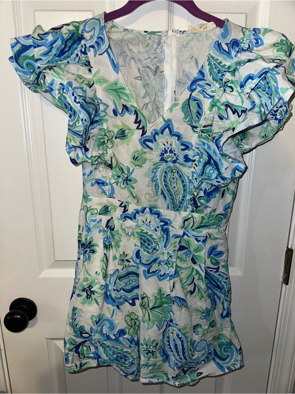 entro Blue and Green Floral Ruffle Sleeve Romper